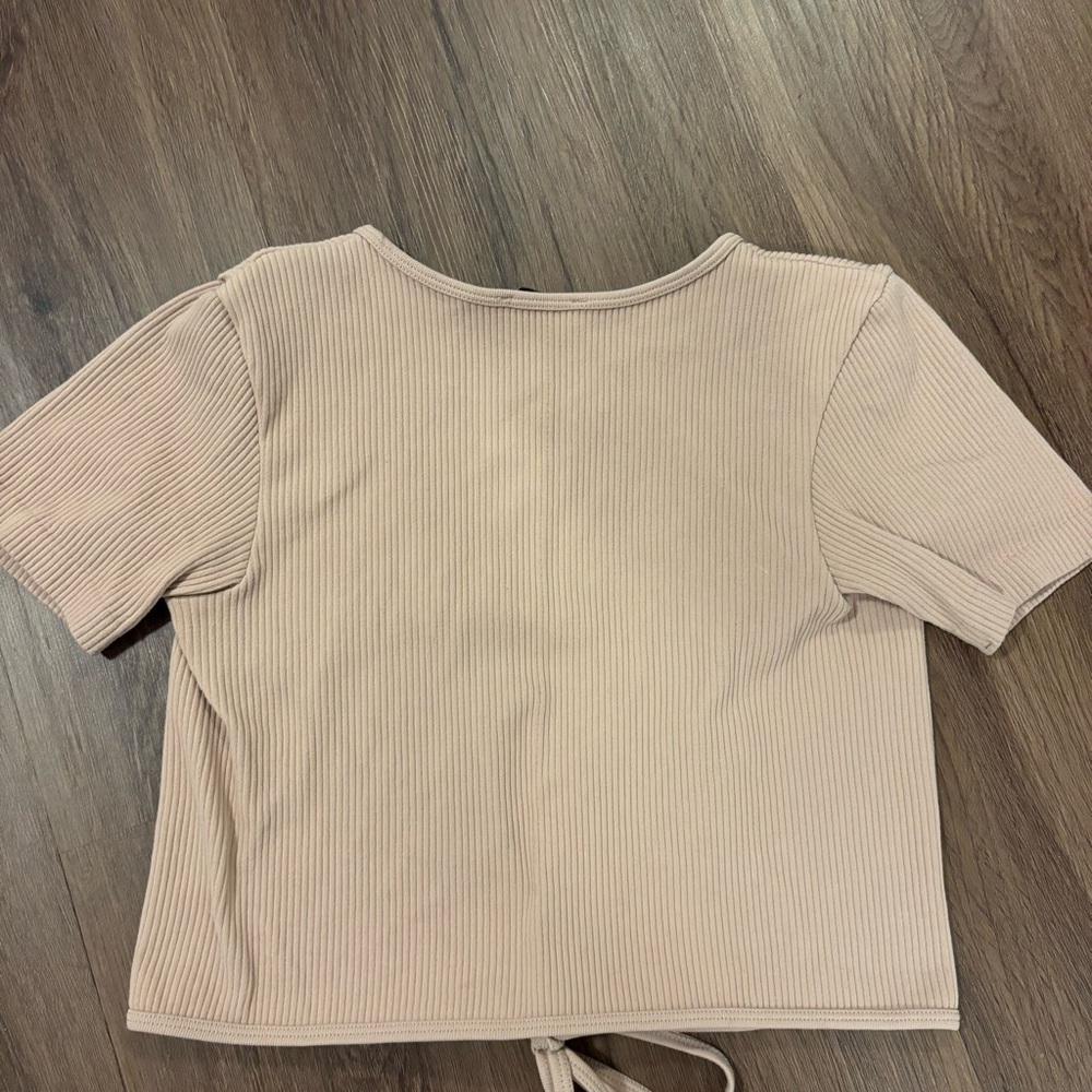 XS Balletcore Zara Elegant Nude Ribbed Tie-Front Short Sleeve Crop Top - Picture 4 of 4